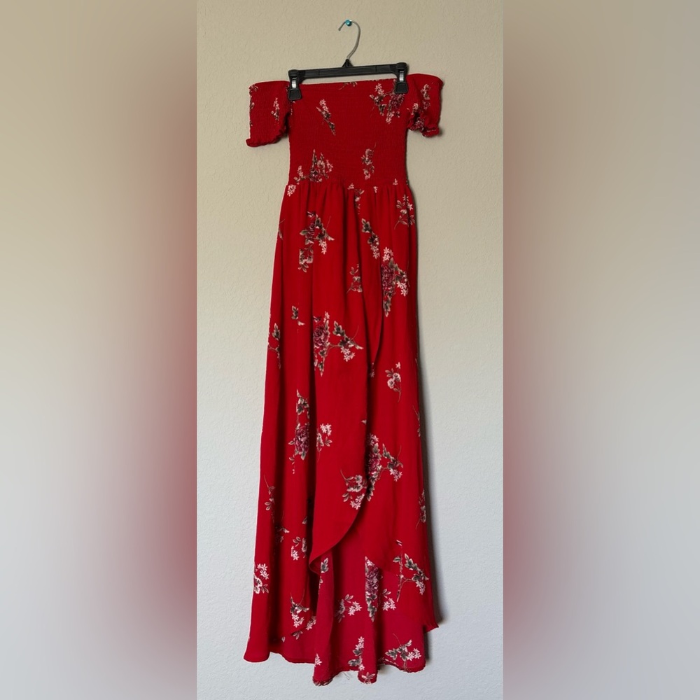 Morning Mist Red Floral Off-Shoulder Maxi Dress Size 8